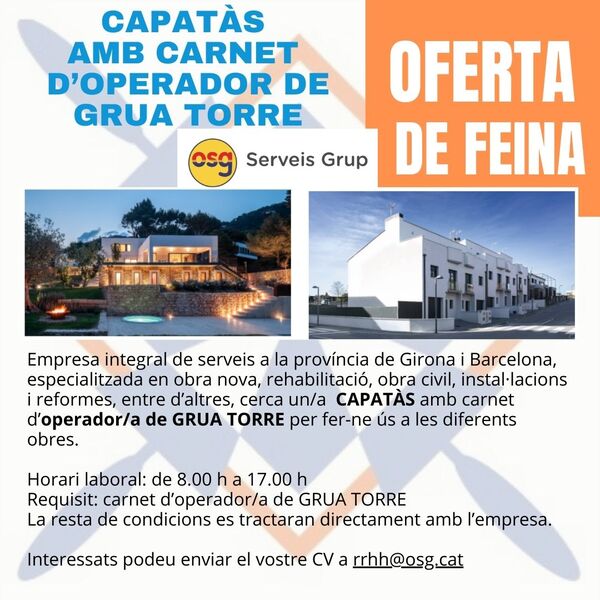 Oferta de feina: Capatàs amb carnet de grua torre