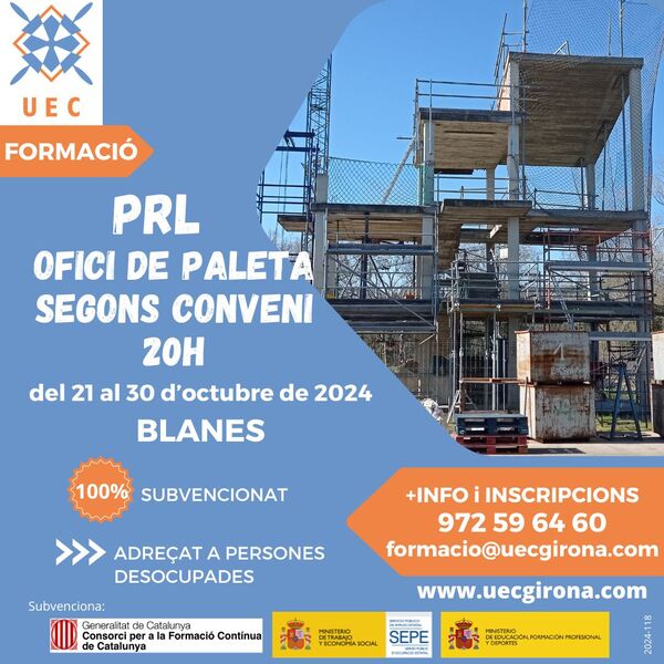 APUNTA'T! PRL ofici de paleta segons conveni 20 h a Blanes - Inici 21 d'octubre